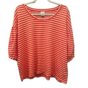 CAbi Poolside Tee Orange With White Stripes-Sz S Oversized Puff Sleeves